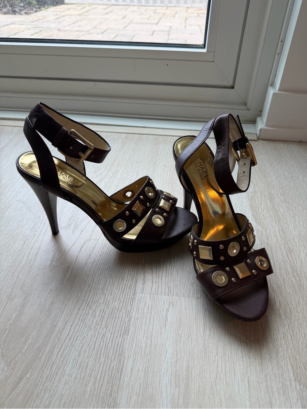 Michael Kors Brown Leather Studded Ankle-Strap High Heel Sandals